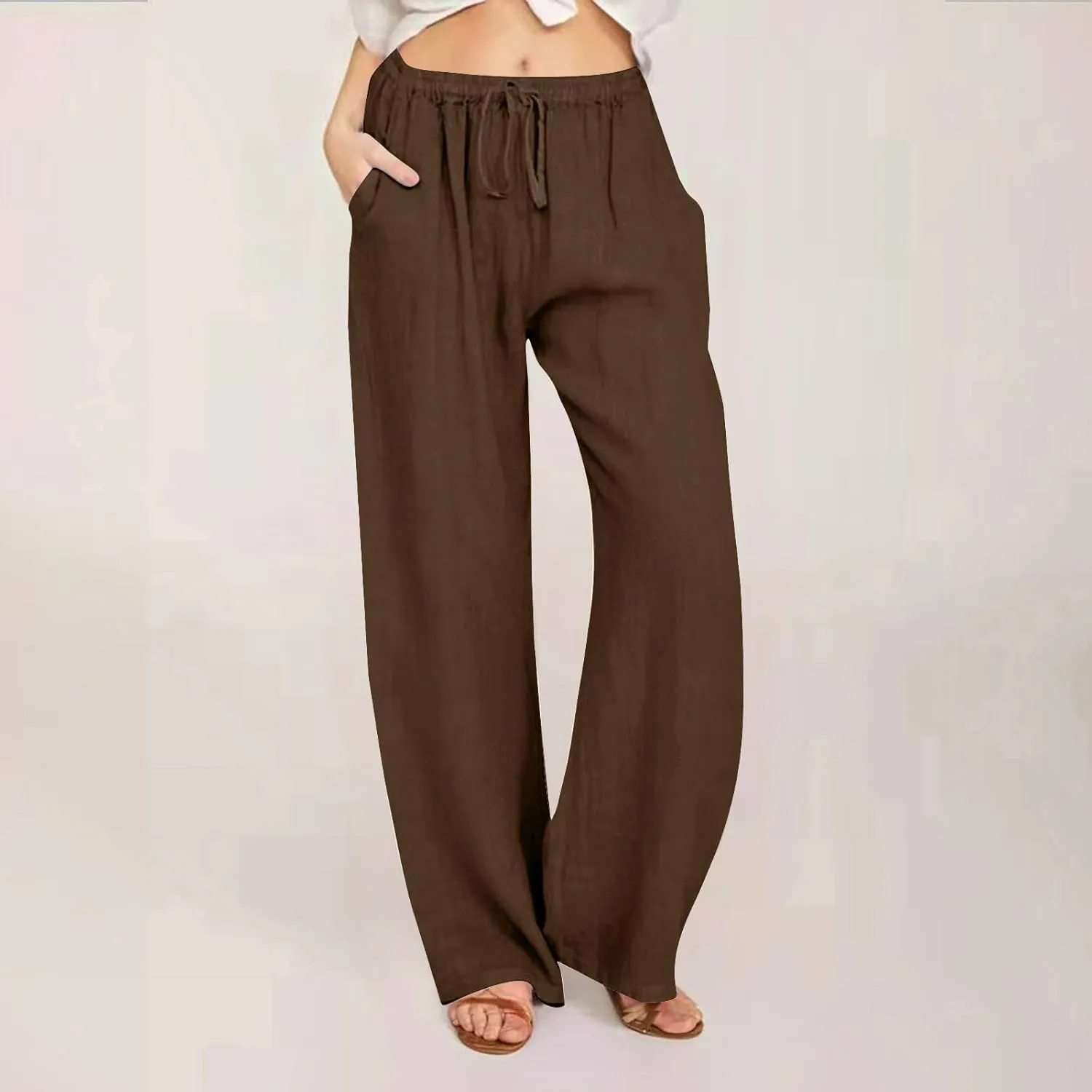 Linen Pants Women Lightweight Lounge Beach Trousers Summer Casual Elastic Drawstring Waist Palazzo with Pockets