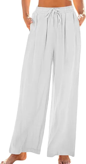 Linen Pants Women Pleated Wide Leg Pants Woman Elastic Waist Drawstring Summer Trousers Flowy Beach Vacation Outfits