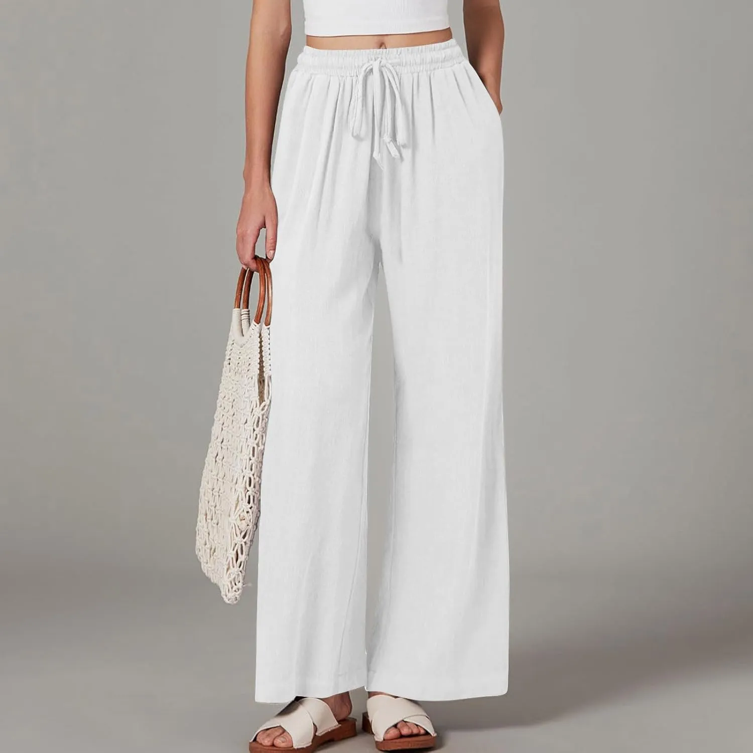 Linen Pants Women Pleated Wide Leg Pants Woman Elastic Waist Drawstring Summer Trousers Flowy Beach Vacation Outfits