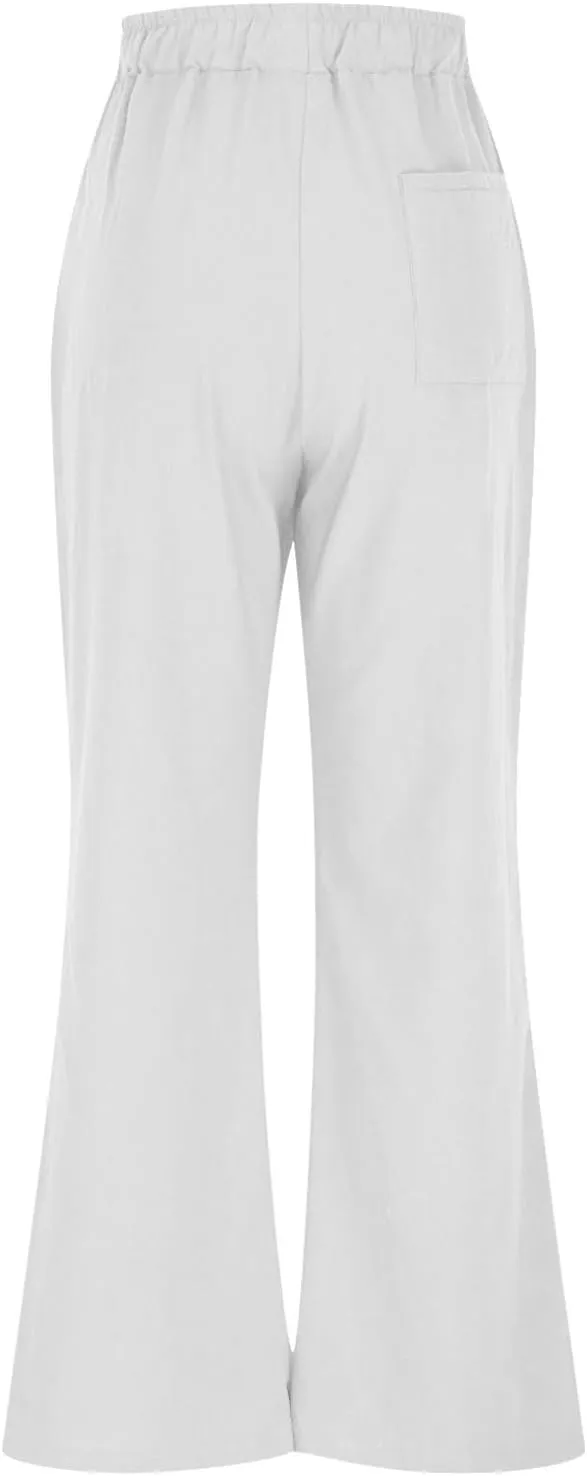 Linen Pants Women Pleated Wide Leg Pants Woman Elastic Waist Drawstring Summer Trousers Flowy Beach Vacation Outfits