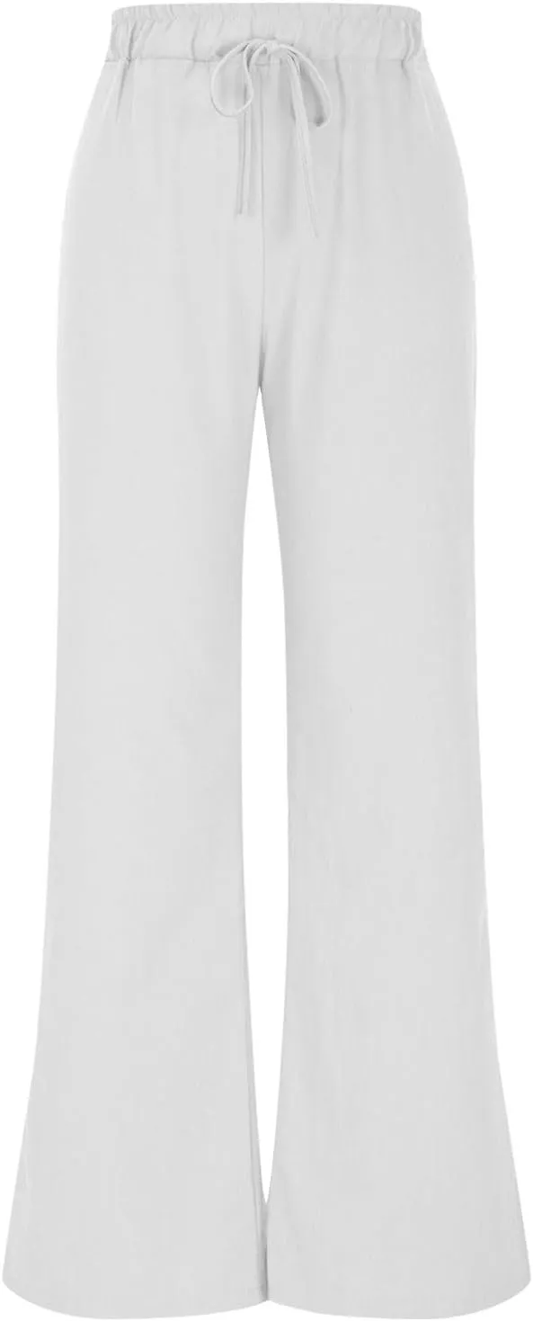 Linen Pants Women Pleated Wide Leg Pants Woman Elastic Waist Drawstring Summer Trousers Flowy Beach Vacation Outfits