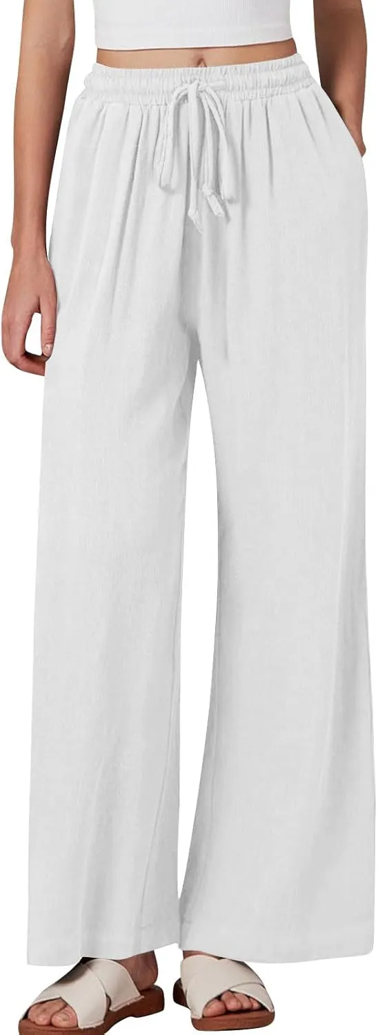 Linen Pants Women Pleated Wide Leg Pants Woman Elastic Waist Drawstring Summer Trousers Flowy Beach Vacation Outfits