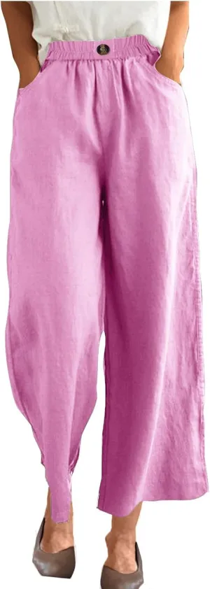 Linen Pants Women Summer Elastic Waist Cropped Palazzo Beach Pants Ladies Casual Loose Wide Leg Trousers with Pockets