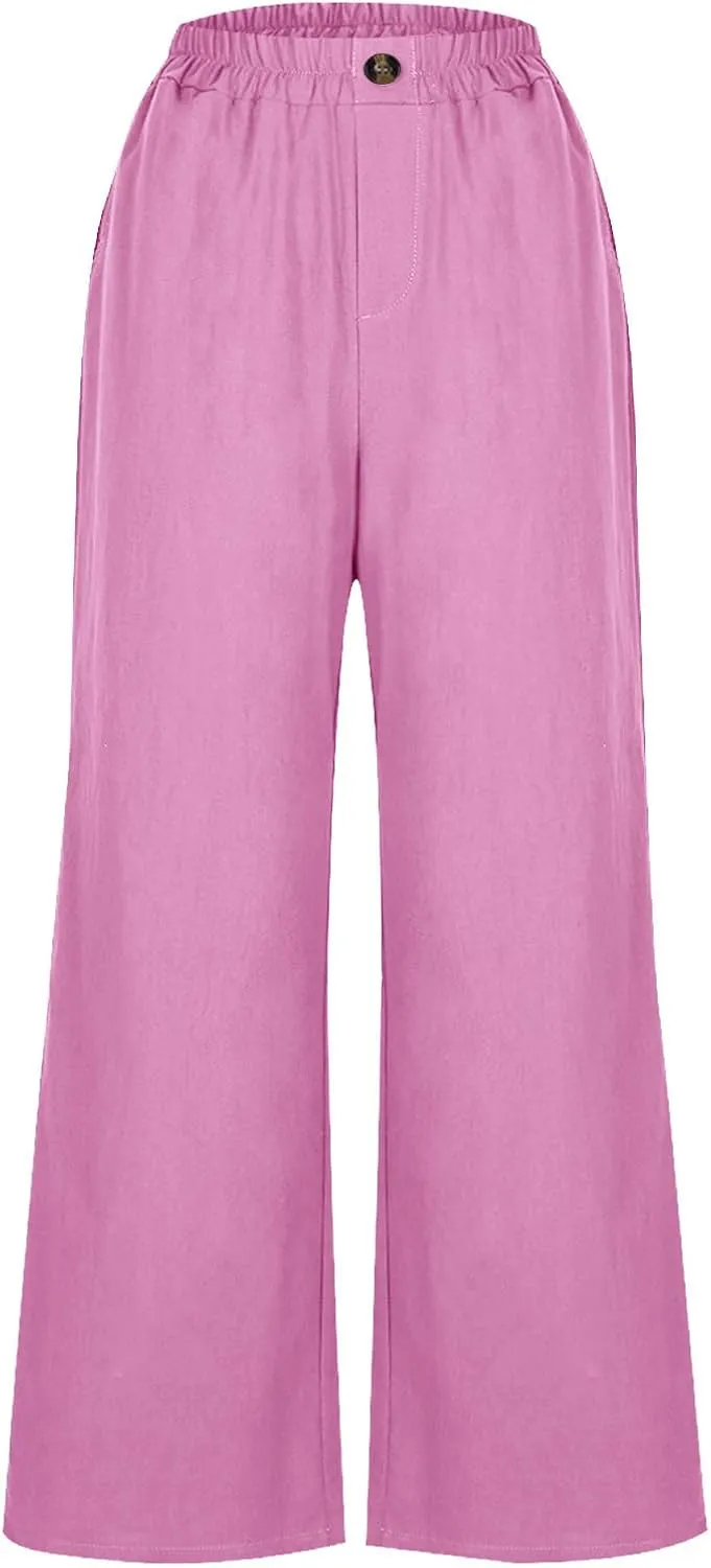 Linen Pants Women Summer Elastic Waist Cropped Palazzo Beach Pants Ladies Casual Loose Wide Leg Trousers with Pockets