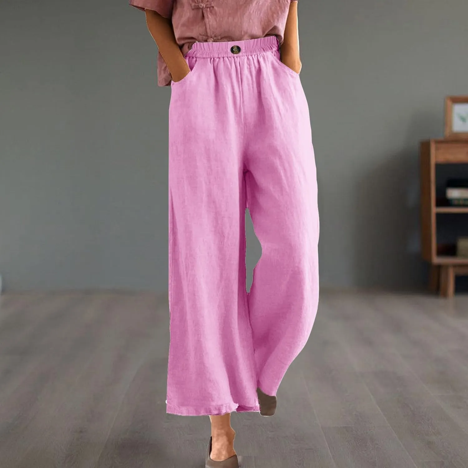 Linen Pants Women Summer Elastic Waist Cropped Palazzo Beach Pants Ladies Casual Loose Wide Leg Trousers with Pockets