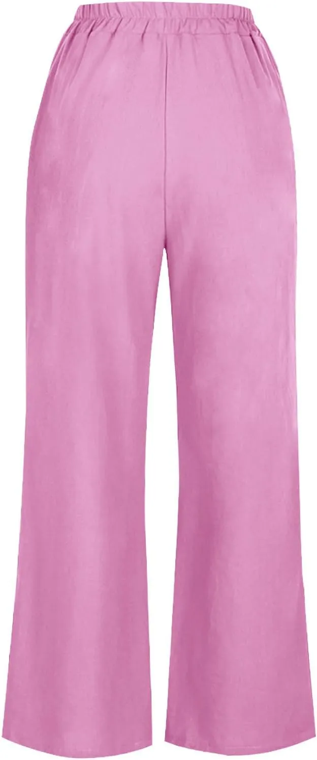 Linen Pants Women Summer Elastic Waist Cropped Palazzo Beach Pants Ladies Casual Loose Wide Leg Trousers with Pockets