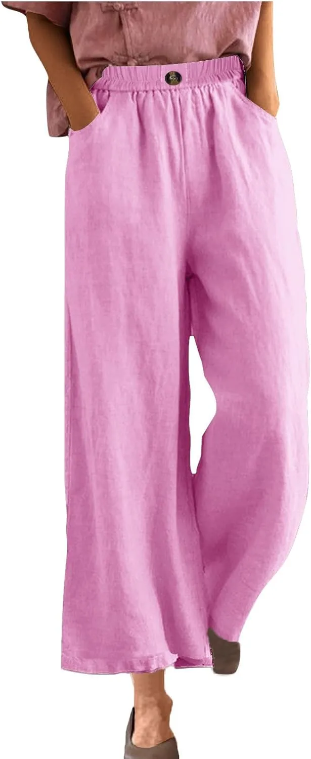 Linen Pants Women Summer Elastic Waist Cropped Palazzo Beach Pants Ladies Casual Loose Wide Leg Trousers with Pockets