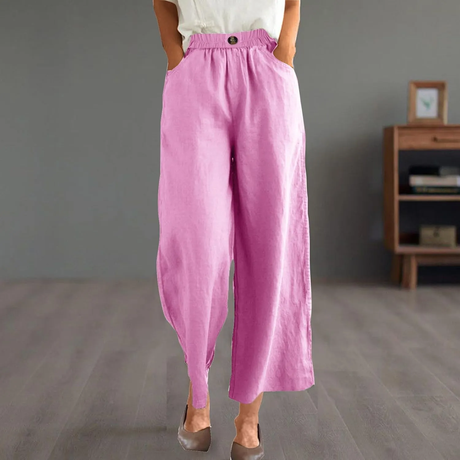 Linen Pants Women Summer Elastic Waist Cropped Palazzo Beach Pants Ladies Casual Loose Wide Leg Trousers with Pockets