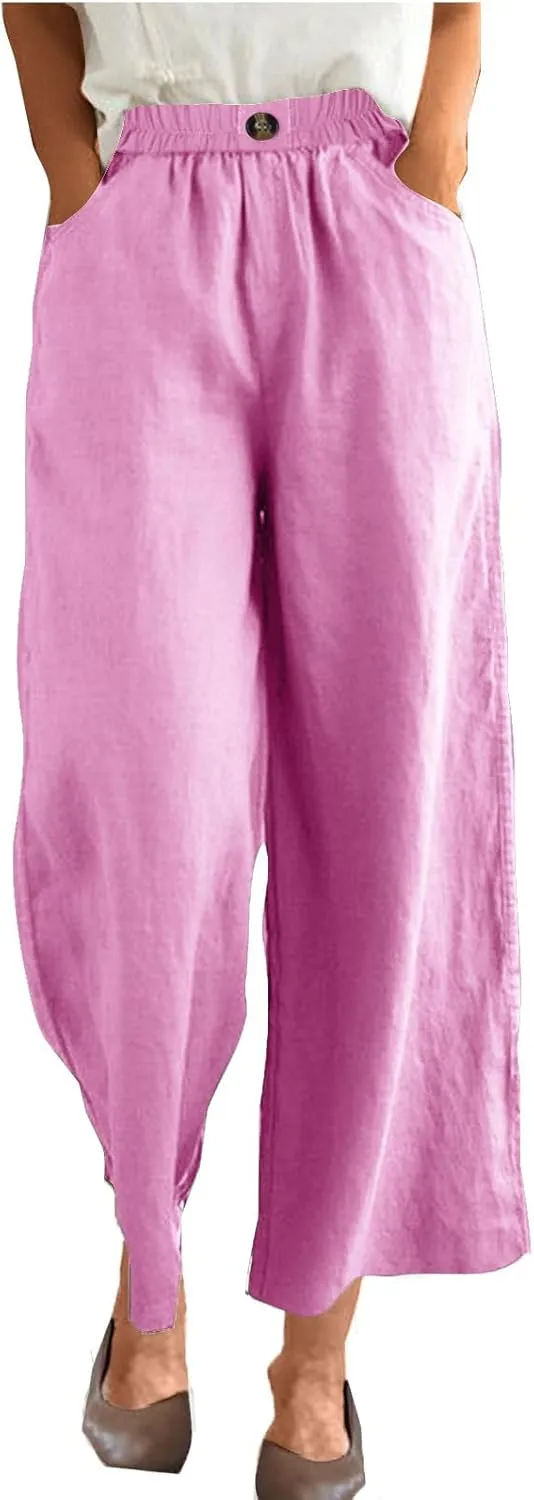 Linen Pants Women Summer Elastic Waist Cropped Palazzo Beach Pants Ladies Casual Loose Wide Leg Trousers with Pockets