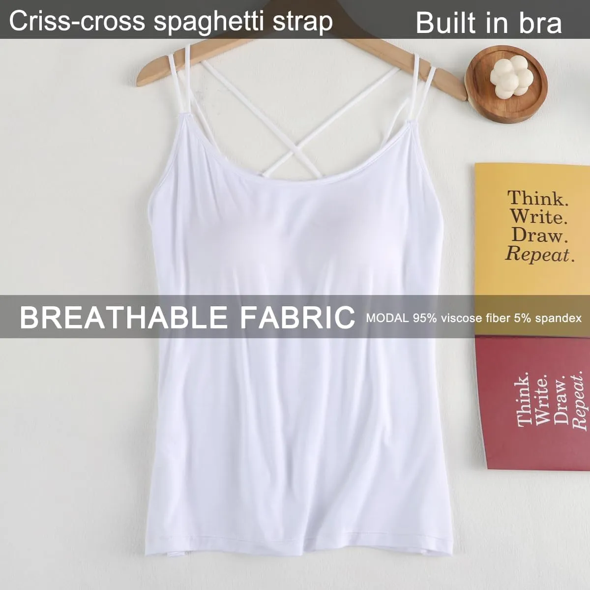 Lingerie Camisole with Built in Bra for Women Criss Cross Spaghetti Strap Tank Top with Bra Soft Modal Cotton Camis