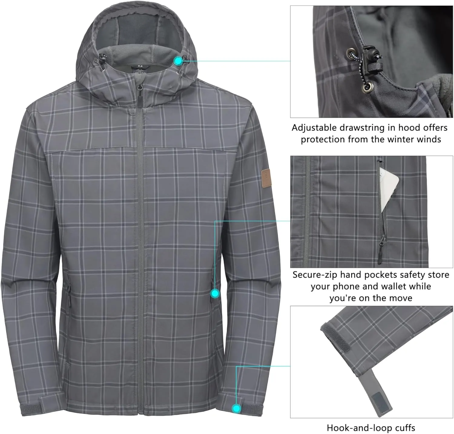 Little Donkey Andy Mens Softshell Jacket with Removable Hood, Fleece Lined
