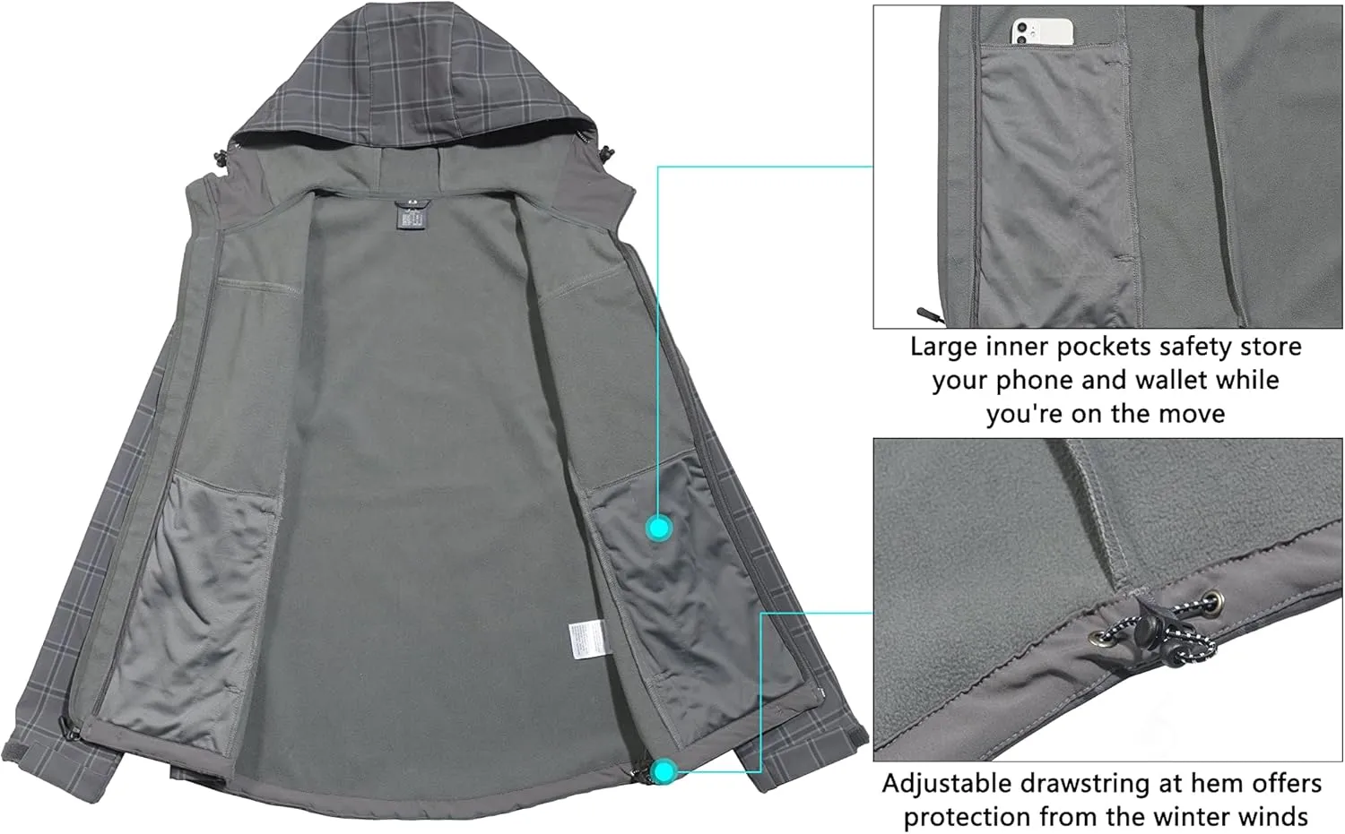 Little Donkey Andy Mens Softshell Jacket with Removable Hood, Fleece Lined