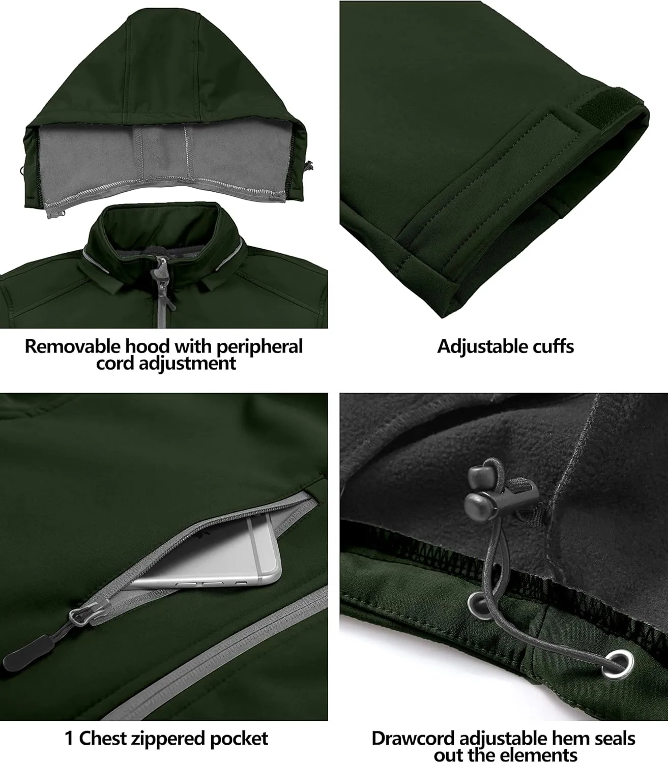 Little Donkey Andy Mens Softshell Jacket with Removable Hood, Fleece Lined