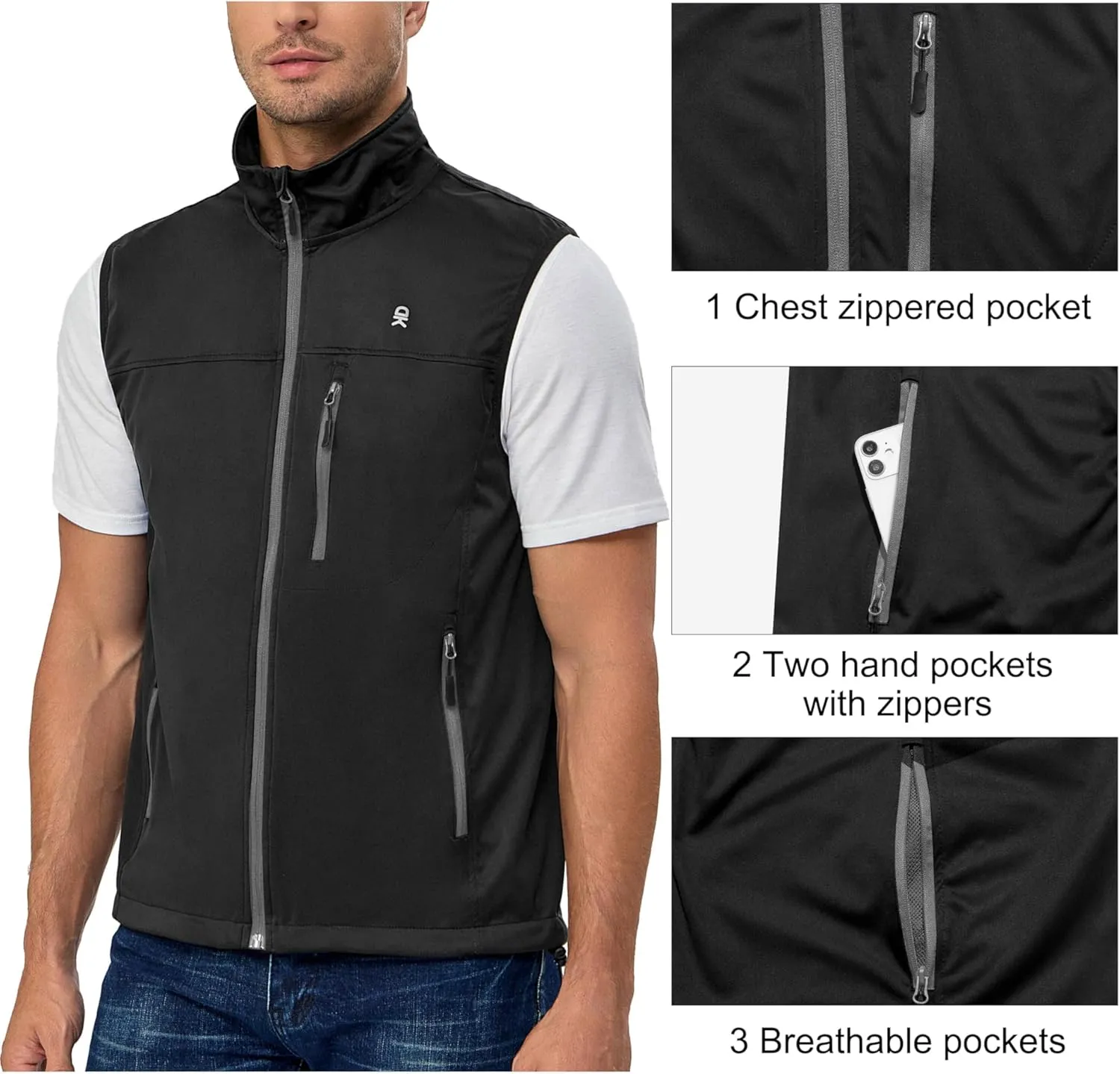Little Donkey Andy Men's Softshell Vest, Lightweight Golf Vest Windproof Sleeveless Cycling Jacket for Running, Hiking