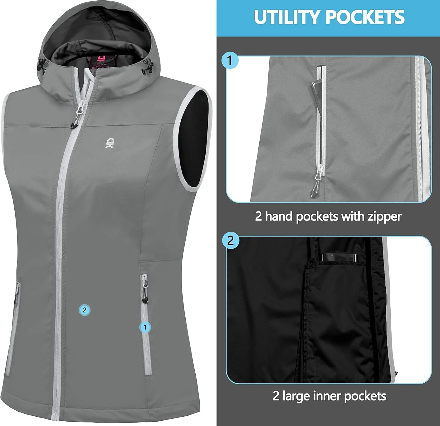 Little Donkey Andy Women's Lightweight Softshell Vest, Windproof Sleeveless Jacket for Running Hiking Travel