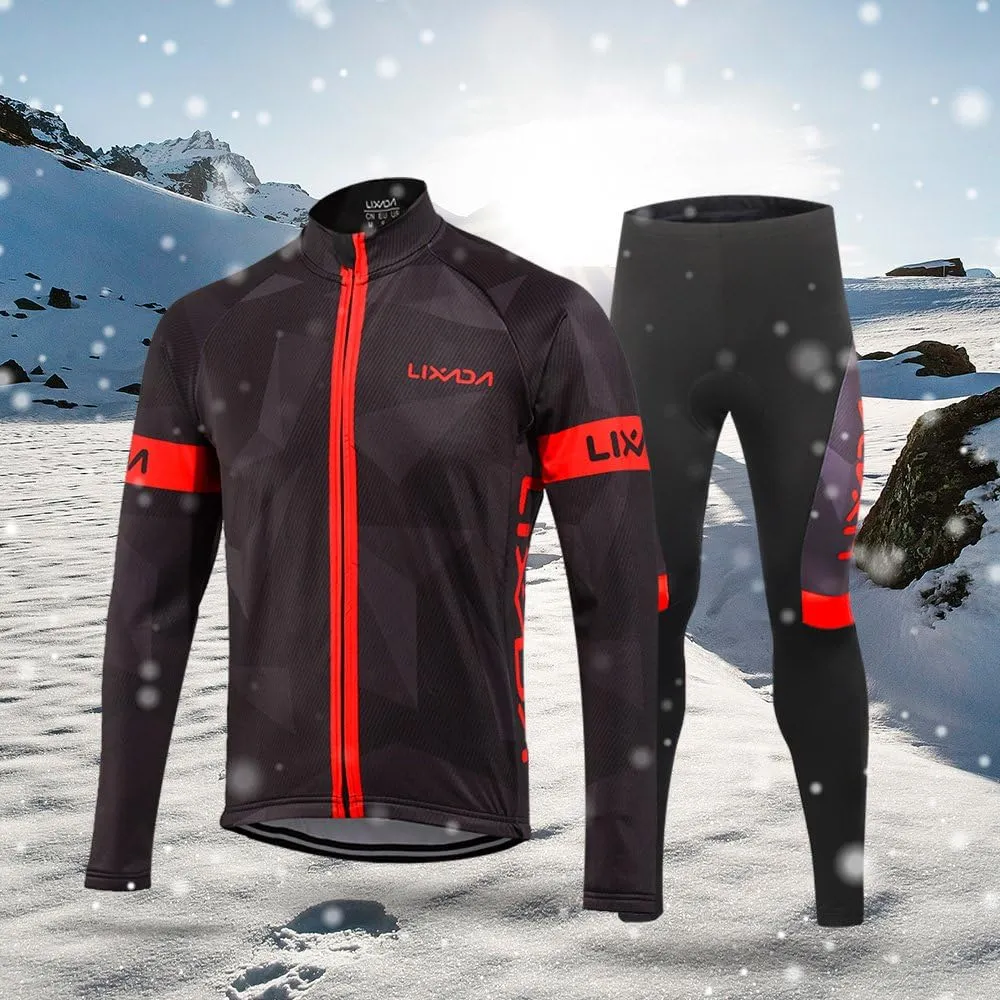 Lixada Men's Cycling Jersey Suit Winter Thermal Fleece Long Sleeve MTB Road Bicycle Shirt with 3D Tights Padded Pants
