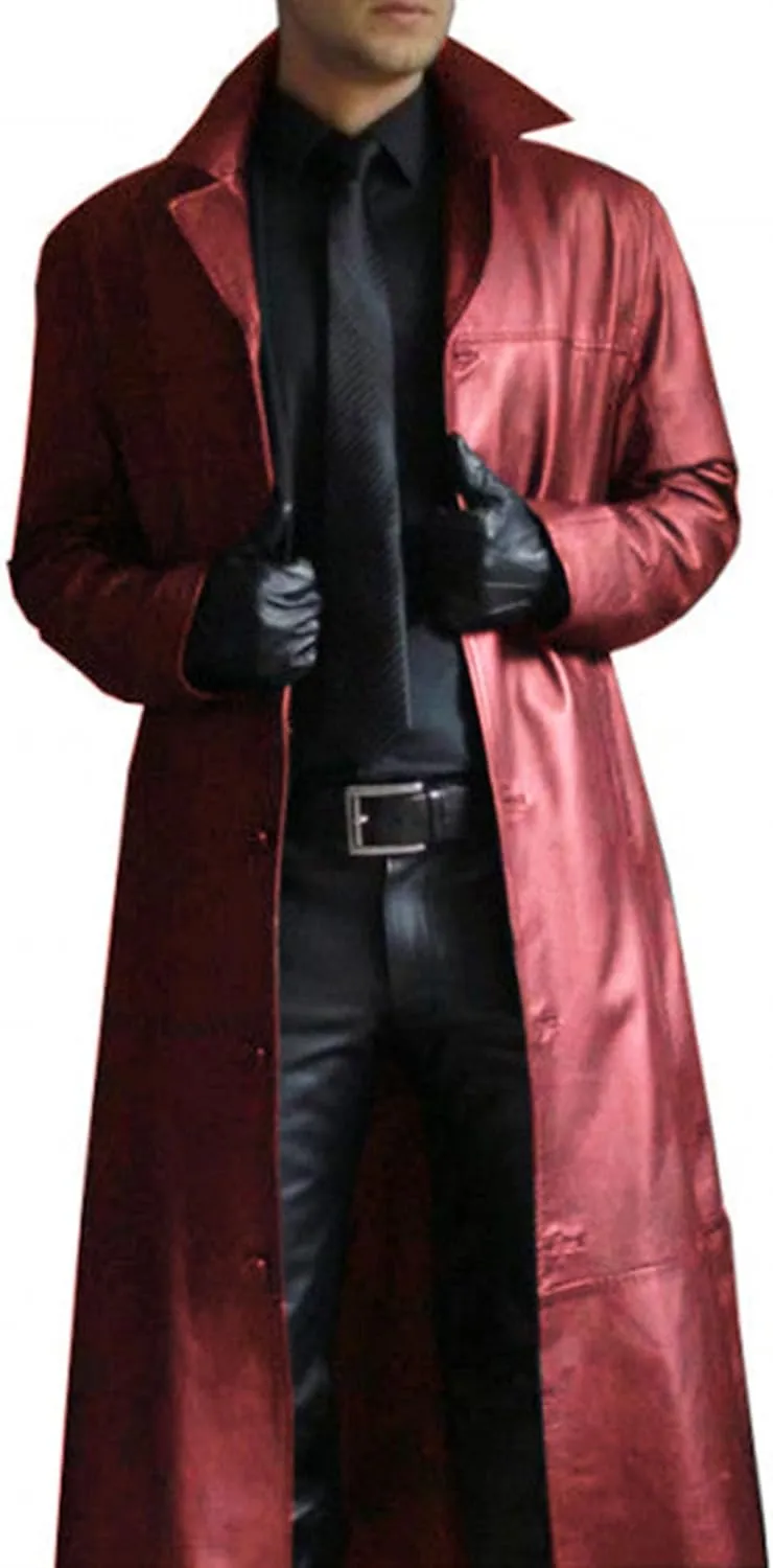 Long Leather Jakcet for Men Retro Slim Fit Motorcyle Trench Coat Full Length Faux Leather Overcoat Windbreaker