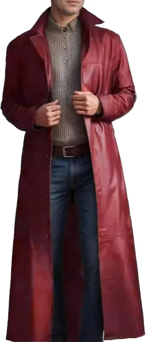 Long Leather Jakcet for Men Retro Slim Fit Motorcyle Trench Coat Full Length Faux Leather Overcoat Windbreaker