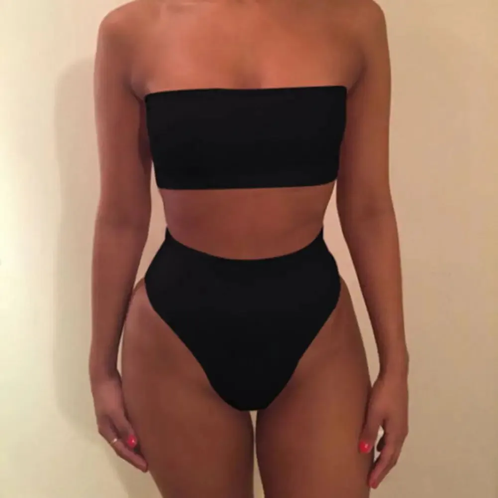 LVSANW 2 Pcs/Set Women Bikini Set Solid Color Elastic High Waist Strapless Lady Swimsuit Summer Sleeveelss Bathing Suit for Swimming
