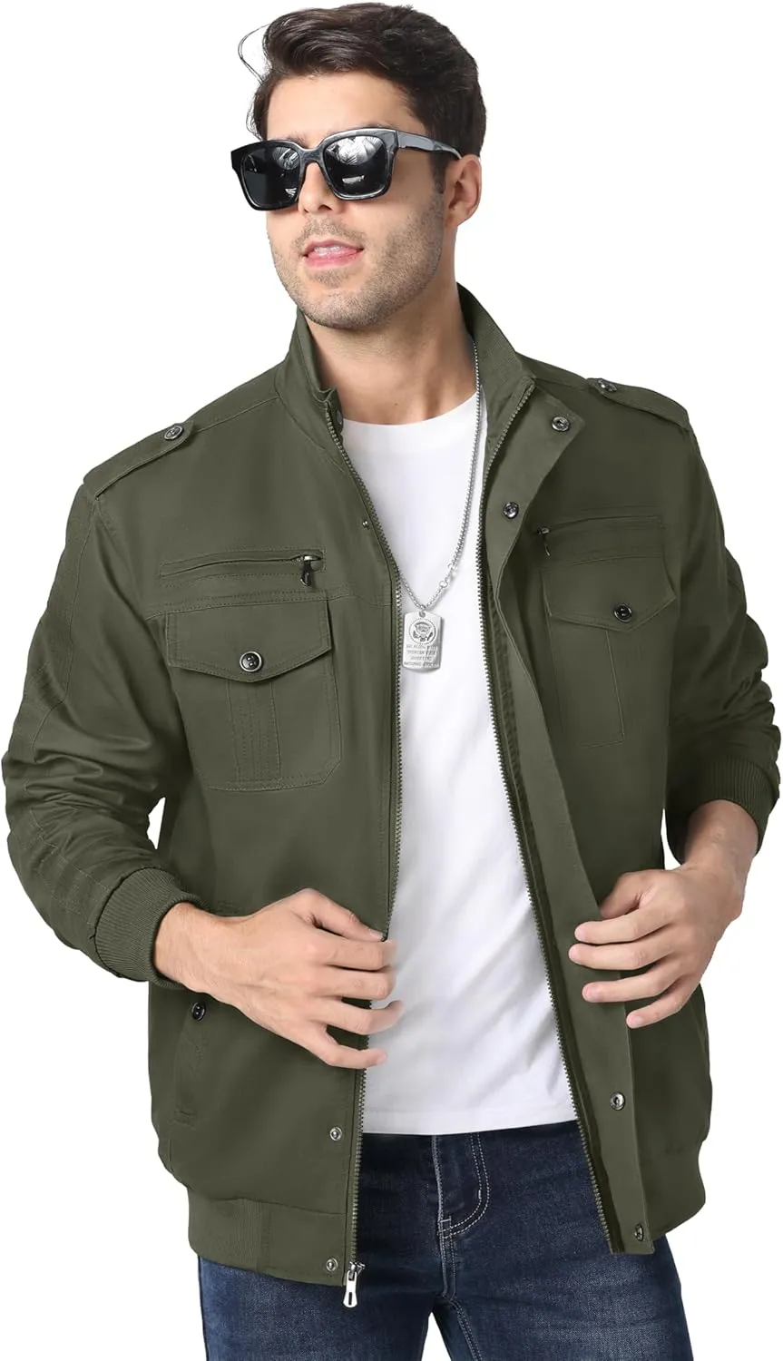 MAGNIVIT Men's Military Lightweight Army Windbreaker Cargo Jacket With Stand Collar, Zip Front, 7 Pockets - Cotton