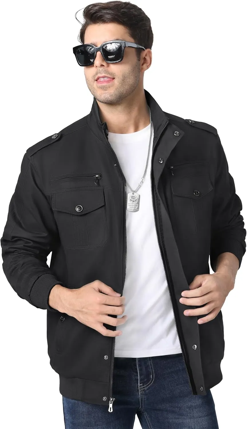 MAGNIVIT Men's Military Lightweight Army Windbreaker Cargo Jacket With Stand Collar, Zip Front, 7 Pockets - Cotton