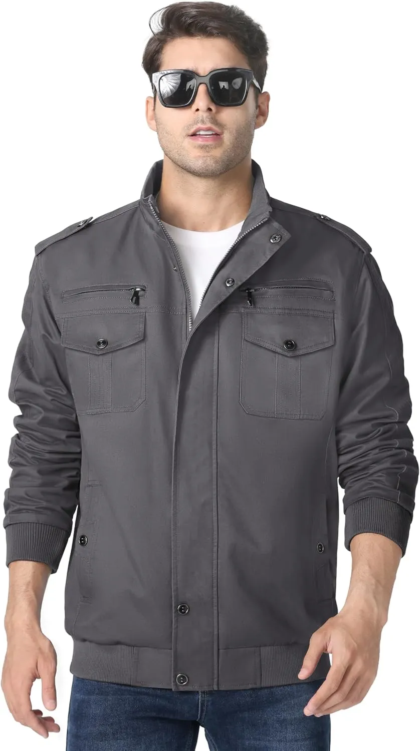 MAGNIVIT Men's Military Lightweight Army Windbreaker Cargo Jacket With Stand Collar, Zip Front, 7 Pockets - Cotton