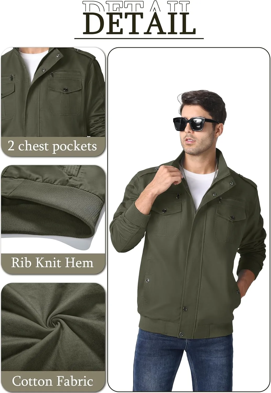 MAGNIVIT Men's Military Lightweight Army Windbreaker Cargo Jacket With Stand Collar, Zip Front, 7 Pockets - Cotton