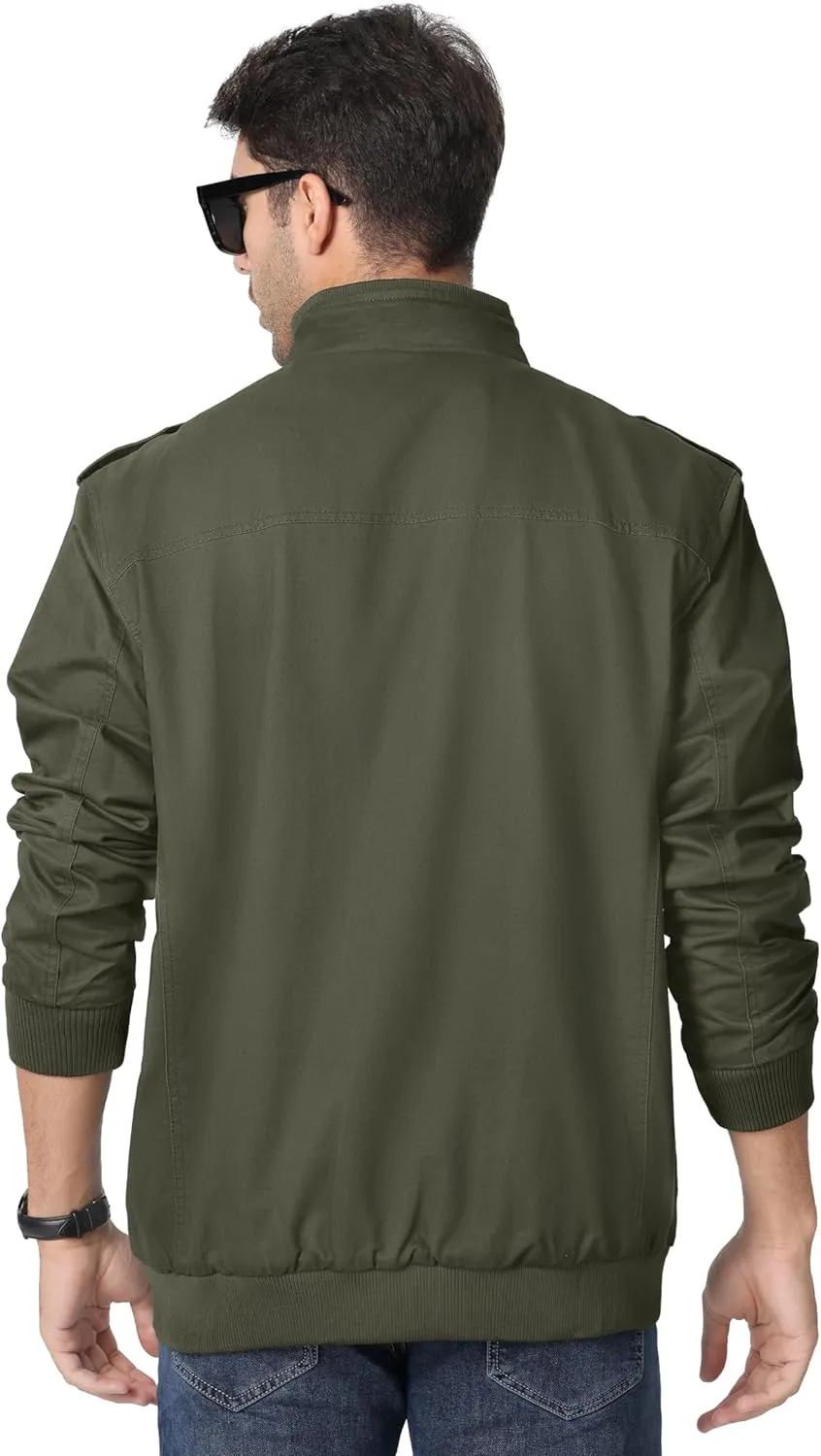 MAGNIVIT Men's Military Lightweight Army Windbreaker Cargo Jacket With Stand Collar, Zip Front, 7 Pockets - Cotton