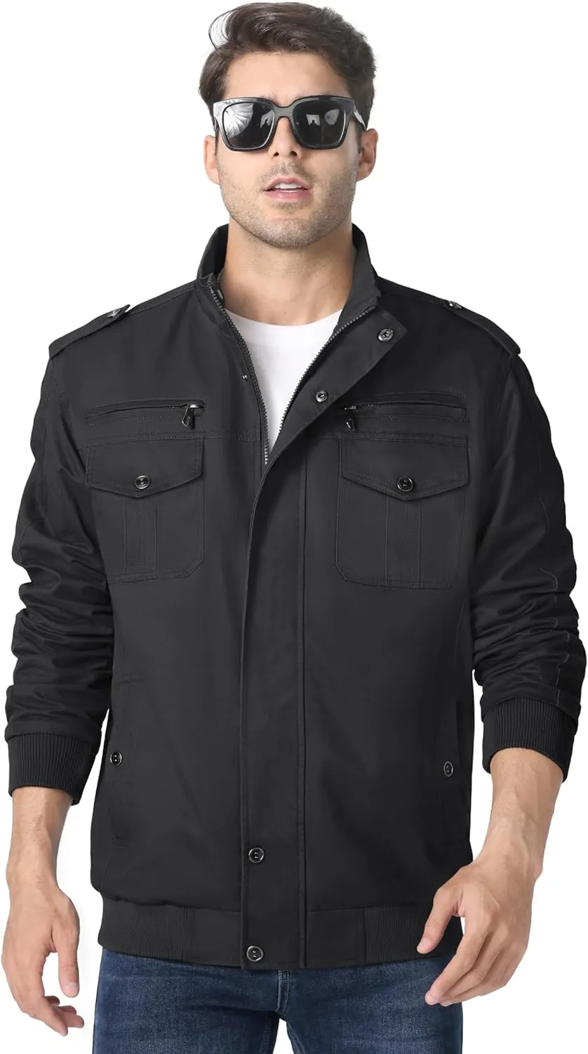 MAGNIVIT Men's Military Lightweight Army Windbreaker Cargo Jacket With Stand Collar, Zip Front, 7 Pockets - Cotton