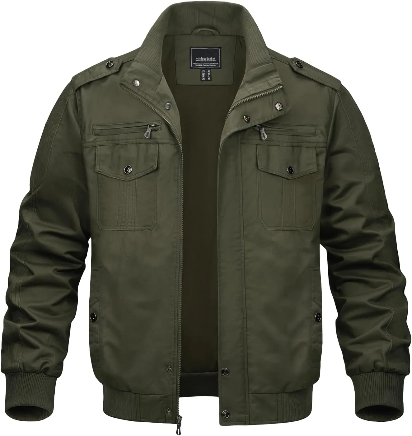 MAGNIVIT Men's Military Lightweight Army Windbreaker Cargo Jacket With Stand Collar, Zip Front, 7 Pockets - Cotton