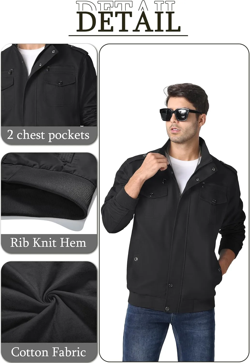 MAGNIVIT Men's Military Lightweight Army Windbreaker Cargo Jacket With Stand Collar, Zip Front, 7 Pockets - Cotton