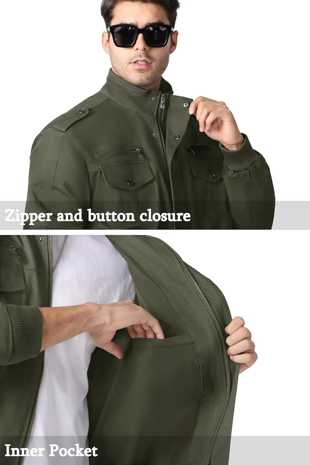 MAGNIVIT Men's Military Lightweight Army Windbreaker Cargo Jacket With Stand Collar, Zip Front, 7 Pockets - Cotton