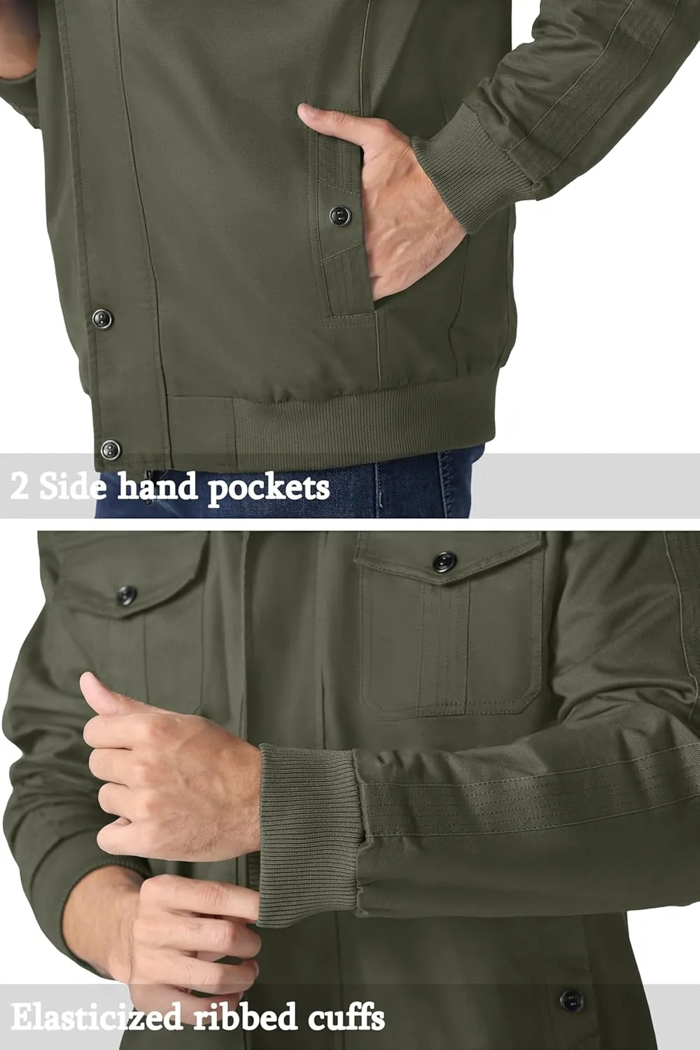 MAGNIVIT Men's Military Lightweight Army Windbreaker Cargo Jacket With Stand Collar, Zip Front, 7 Pockets - Cotton