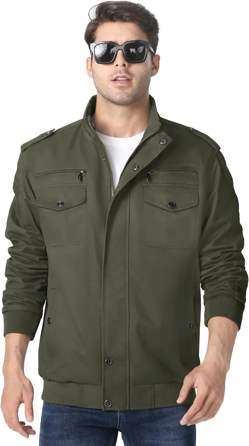 MAGNIVIT Men's Military Lightweight Army Windbreaker Cargo Jacket With Stand Collar, Zip Front, 7 Pockets - Cotton