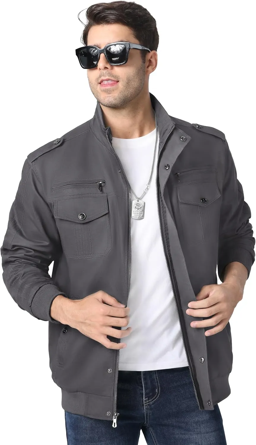 MAGNIVIT Men's Military Lightweight Army Windbreaker Cargo Jacket With Stand Collar, Zip Front, 7 Pockets - Cotton