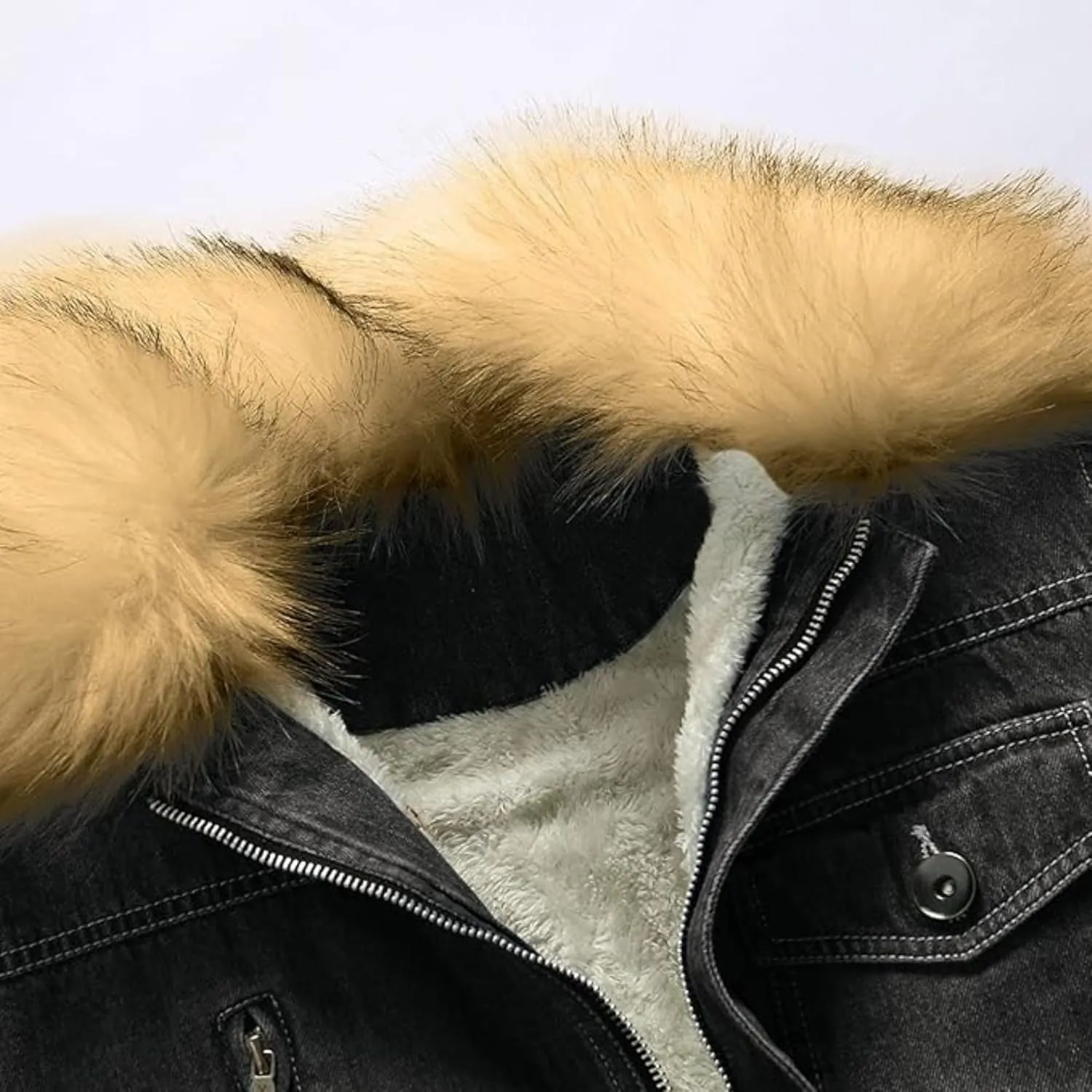 Maiyifu-GJ Men's Sherpa Lined Distressed Denim Jacket Casual Faux Fur Collar Fleece Coat Winter Jeans Trucker Jacket