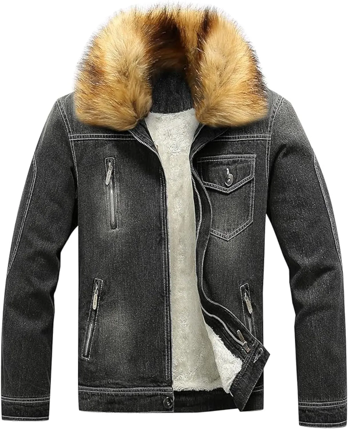 Maiyifu-GJ Men's Sherpa Lined Distressed Denim Jacket Casual Faux Fur Collar Fleece Coat Winter Jeans Trucker Jacket