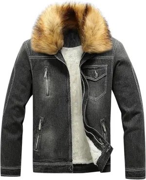 Maiyifu-GJ Men's Sherpa Lined Distressed Denim Jacket Casual Faux Fur Collar Fleece Coat Winter Jeans Trucker Jacket