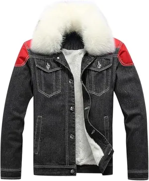 Maiyifu-GJ Men's Sherpa Lined Distressed Denim Jacket Casual Faux Fur Collar Fleece Coat Winter Jeans Trucker Jacket