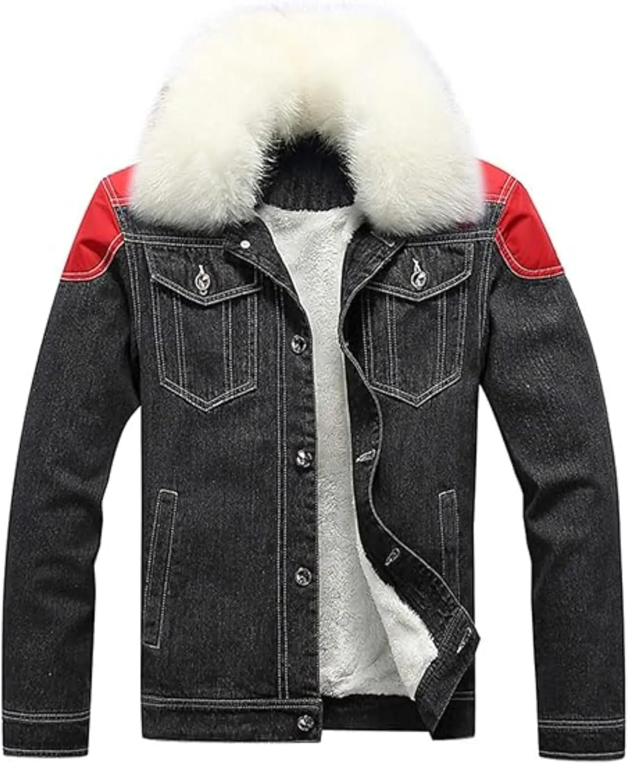 Maiyifu-GJ Men's Sherpa Lined Distressed Denim Jacket Casual Faux Fur Collar Fleece Coat Winter Jeans Trucker Jacket