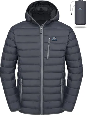 Mapamyumco Men's Packable Lightweight Puffer Jacket Hooded Windproof Winter Coat with Recycled Insulation