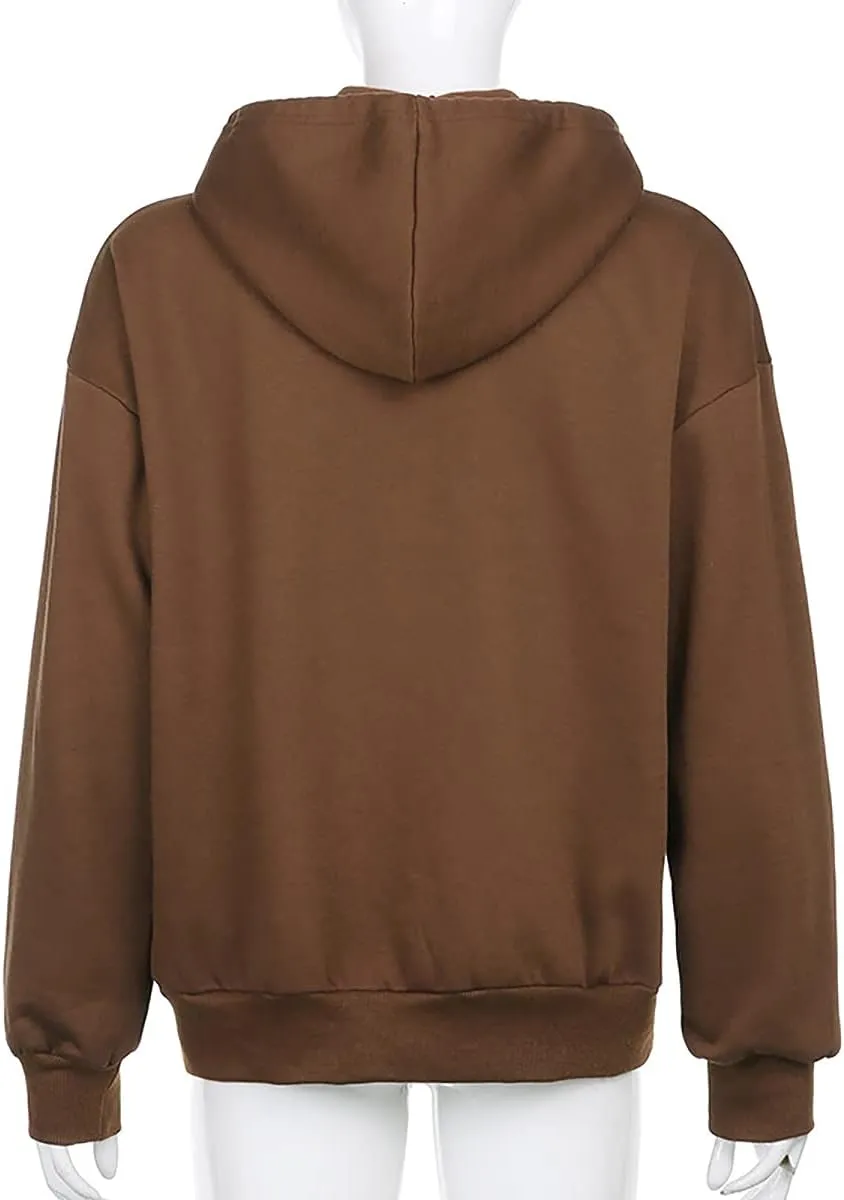Meladyan Women Oversized Solid Zip Up Hoodie Drawstring Hooded Long Sleeve Fleece Vintage Sweatshirts Jackets Pockets 90s