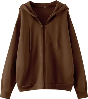Meladyan Women Oversized Solid Zip Up Hoodie Drawstring Hooded Long Sleeve Fleece Vintage Sweatshirts Jackets Pockets 90s