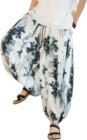 Men Elastic Waist Wide-Leg Harem Pants Thin Printed Harajuku Pant Jogging Lantern Trousers