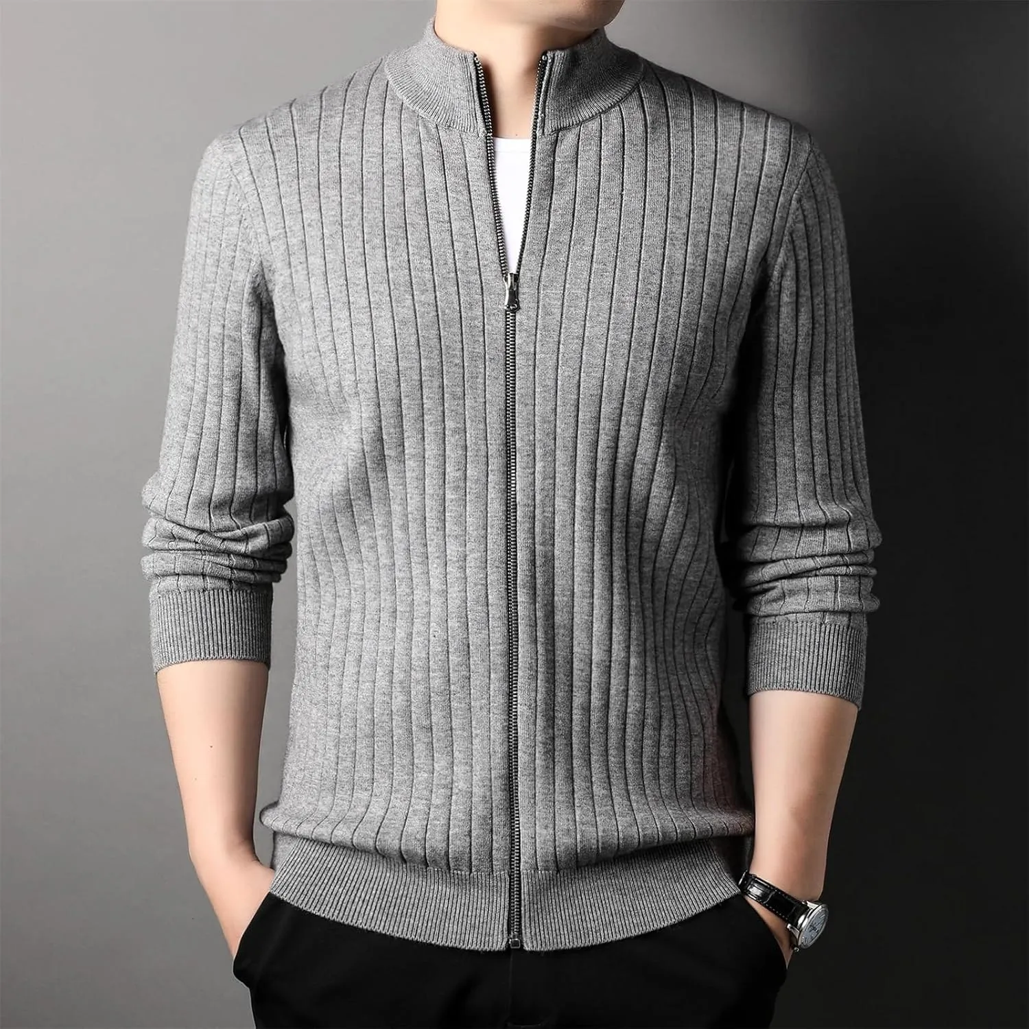 Men Sports Stylish Mock Neck Zipper Knit Jackets Long Sleeve Knitwear Cardigan