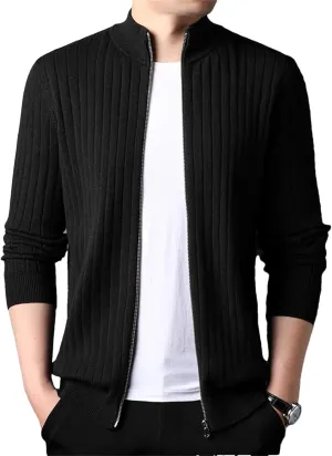 Men Sports Stylish Mock Neck Zipper Knit Jackets Long Sleeve Knitwear Cardigan