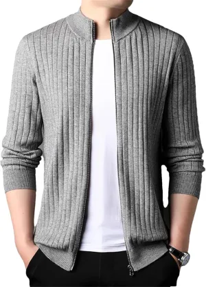 Men Sports Stylish Mock Neck Zipper Knit Jackets Long Sleeve Knitwear Cardigan