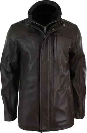 Mens 3/4 Real Leather Safari Jacket Overcoat Removable Double Zip Black Brown