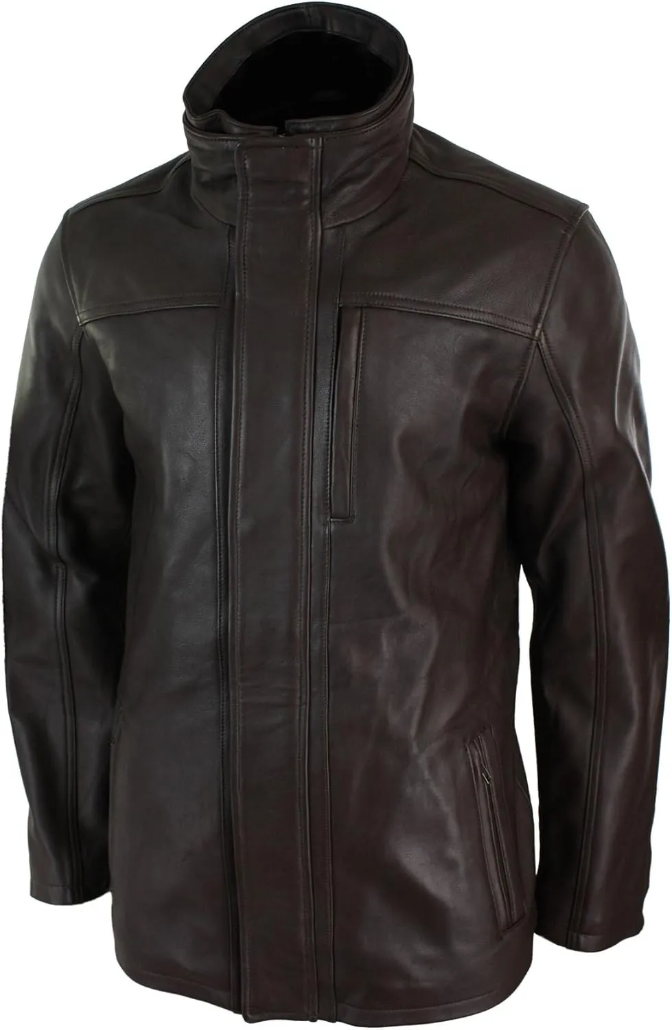 Mens 3/4 Real Leather Safari Jacket Overcoat Removable Double Zip Black Brown