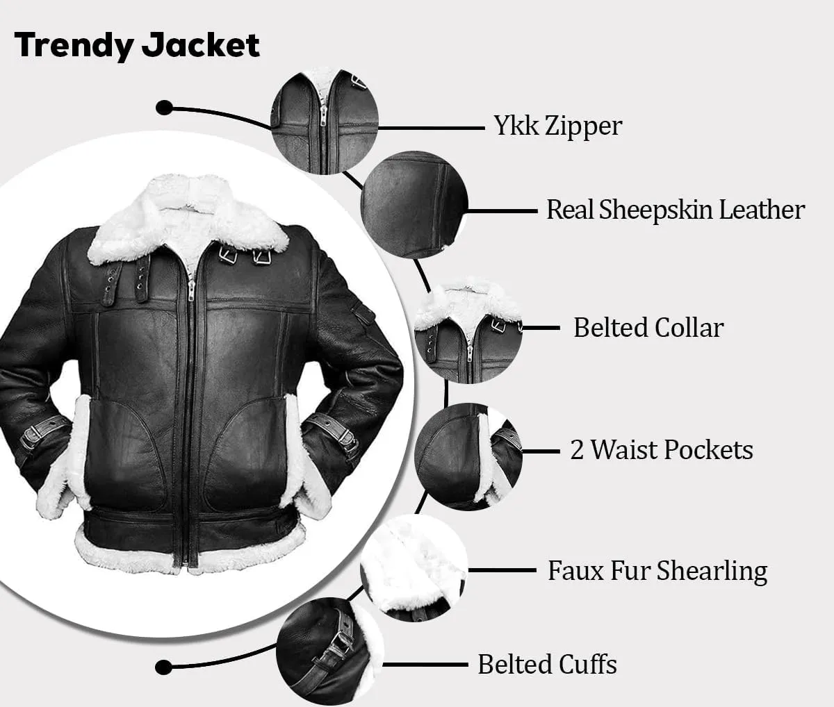 Men's B3 Bomber Aviator Jacket - Winter Faux Shearling Real Sheepskin Leather Jackets for Men, Black/Brown
